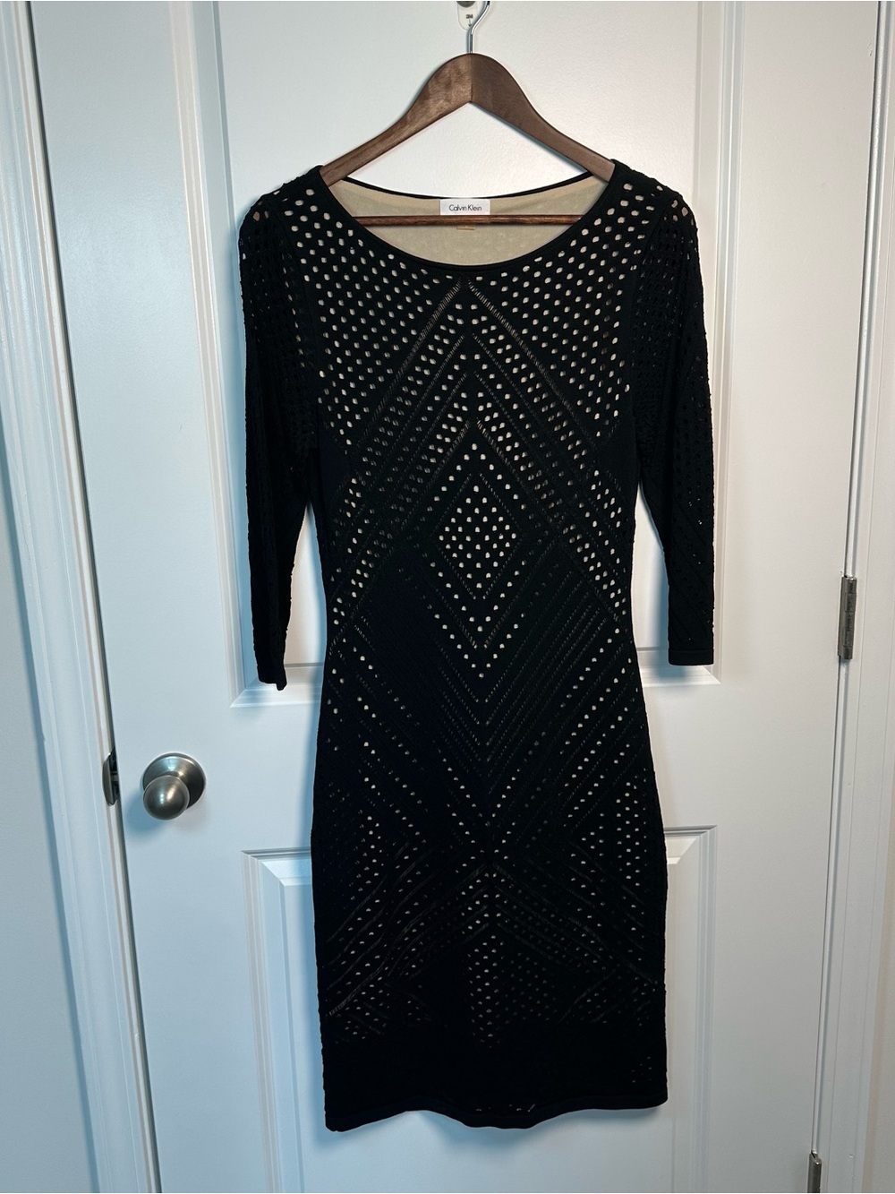 Calvin Klein Black Geometric Openwork Knit Sheath Dress Size M
